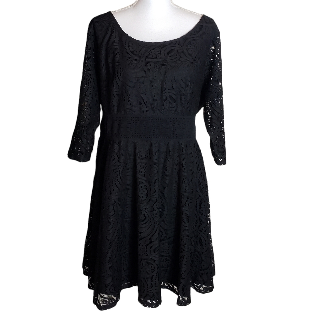 American Rag Cie Black Floral Lace Overlay Dress Size 2X Sheer Sleeves Crotchet